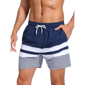 imageSILKWORLD Mens Swimming Trunks 5 Inch Inseam Swim Shorts Summer Bathing Suit Swimwear Beachwear with PocketsNavy White Stripe