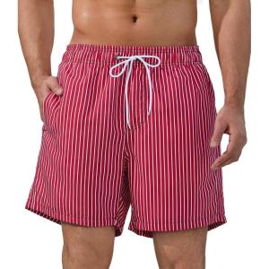 imageSILKWORLD Mens Swimming Trunks 5 Inch Inseam Swim Shorts Summer Bathing Suit Swimwear Beachwear with PocketsRed Stripes