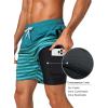 imageSILKWORLD Mens Swim Trunks with Compression Liner 2 in 1 Quick Dry Bathing Suit Beach Shorts with Zipper PocketsDark Green Stripes