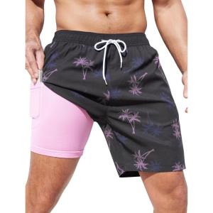 imageSILKWORLD Mens Swim Trunks Quick Dry Swimming Shorts with Compression Liner and Zipper Pockets7Black Coconut Tree