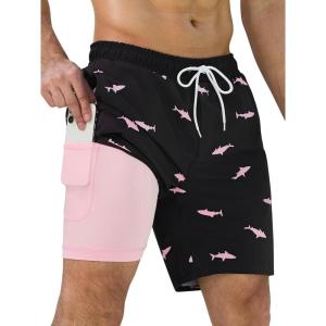 imageSILKWORLD Mens Swim Trunks Quick Dry Swimming Shorts with Compression Liner and Zipper Pockets7Black Pink Shark