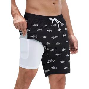 imageSILKWORLD Mens Swim Trunks Quick Dry Swimming Shorts with Compression Liner and Zipper Pockets7Black White Shark