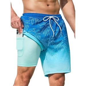 imageSILKWORLD Mens Swim Trunks Quick Dry Swimming Shorts with Compression Liner and Zipper Pockets7Blue Green Coconut Tree