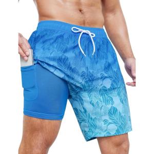 imageSILKWORLD Mens Swim Trunks Quick Dry Swimming Shorts with Compression Liner and Zipper Pockets7Blue Green Leaves