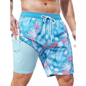 imageSILKWORLD Mens Swim Trunks Quick Dry Swimming Shorts with Compression Liner and Zipper Pockets7Blue Leaf Flamingo