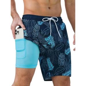 imageSILKWORLD Mens Swim Trunks Quick Dry Swimming Shorts with Compression Liner and Zipper Pockets7Blue Leaves