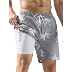 imageSILKWORLD Mens Swim Trunks Quick Dry Swimming Shorts with Compression Liner and Zipper Pockets7Grey Coconut Tree