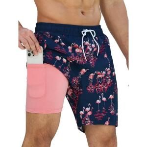 imageSILKWORLD Mens Swim Trunks Quick Dry Swimming Shorts with Compression Liner and Zipper Pockets7Navy Flamingo