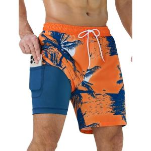 imageSILKWORLD Mens Swim Trunks Quick Dry Swimming Shorts with Compression Liner and Zipper Pockets7Orange Coconut Tree