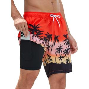 imageSILKWORLD Mens Swim Trunks Quick Dry Swimming Shorts with Compression Liner and Zipper Pockets7Orange Gradient Coconut Tree