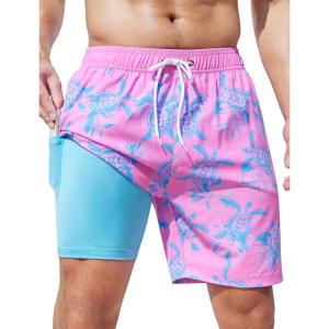 imageSILKWORLD Mens Swim Trunks Quick Dry Swimming Shorts with Compression Liner and Zipper Pockets7Pink Turtle