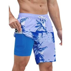 imageSILKWORLD Mens Swim Trunks Quick Dry Swimming Shorts with Compression Liner and Zipper Pockets7Purple Coconut Tree