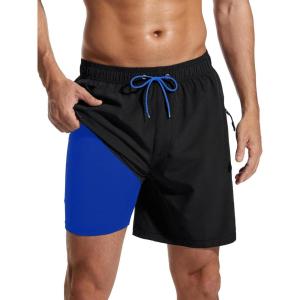 imageSILKWORLD Mens Swim Trunks with Compression Liner 2 in 1 Quick Dry Bathing Suit Beach Shorts with Zipper Pockets7inchBlack Blue Lining