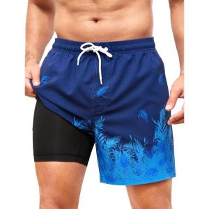imageSILKWORLD Mens Swim Trunks with Compression Liner 2 in 1 Quick Dry Bathing Suit Beach Shorts with Zipper PocketsA01 Navy Blue Leaves