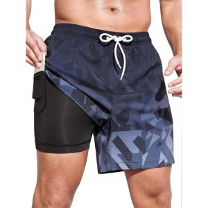 imageSILKWORLD Mens Swim Trunks with Compression Liner 2 in 1 Quick Dry Bathing Suit Beach Shorts with Zipper PocketsA02 Gradient Black Gray