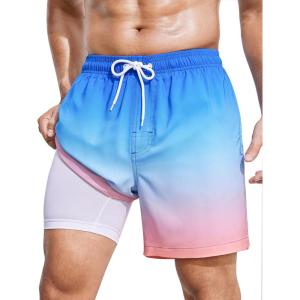imageSILKWORLD Mens Swim Trunks with Compression Liner 2 in 1 Quick Dry Bathing Suit Beach Shorts with Zipper PocketsA03 Blue Pink Gradient