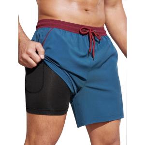 imageSILKWORLD Mens Swim Trunks with Compression Liner 2 in 1 Quick Dry Bathing Suit Beach Shorts with Zipper PocketsA08 Cb Blue