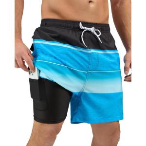 imageSILKWORLD Mens Swim Trunks with Compression Liner 2 in 1 Quick Dry Bathing Suit Beach Shorts with Zipper PocketsBlack  Blue Stripes