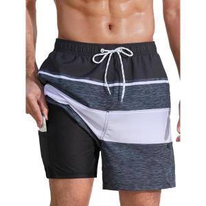 imageSILKWORLD Mens Swim Trunks with Compression Liner 2 in 1 Quick Dry Bathing Suit Beach Shorts with Zipper PocketsBlack  Grey Stripes
