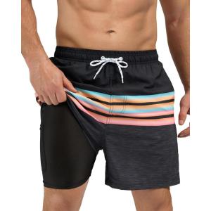 imageSILKWORLD Mens Swim Trunks with Compression Liner 2 in 1 Quick Dry Bathing Suit Beach Shorts with Zipper PocketsBlack Stripes