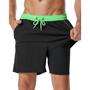 imageSILKWORLD Mens Swim Trunks with Compression Liner 2 in 1 Quick Dry Bathing Suit Beach Shorts with Zipper PocketsBlackgreen Waistband