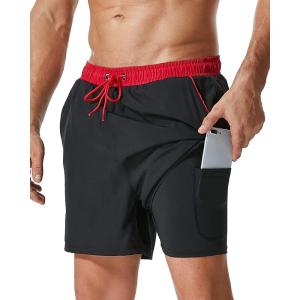 imageSILKWORLD Mens Swim Trunks with Compression Liner 2 in 1 Quick Dry Bathing Suit Beach Shorts with Zipper PocketsBlackred Waistband