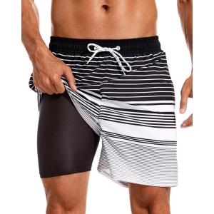 imageSILKWORLD Mens Swim Trunks with Compression Liner 2 in 1 Quick Dry Bathing Suit Beach Shorts with Zipper PocketsBlackwhite Stripes