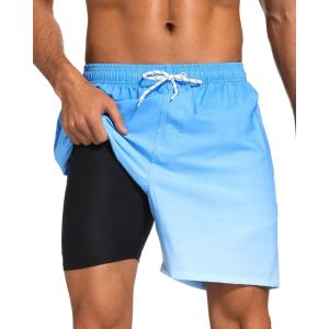 imageSILKWORLD Mens Swim Trunks with Compression Liner 2 in 1 Quick Dry Bathing Suit Beach Shorts with Zipper PocketsBlue Gradient