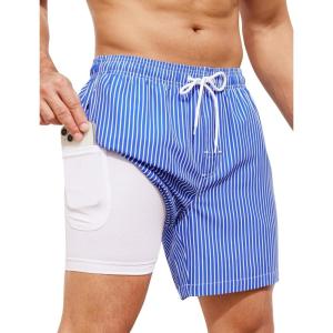 imageSILKWORLD Mens Swim Trunks with Compression Liner 2 in 1 Quick Dry Bathing Suit Beach Shorts with Zipper PocketsBlue Vertical Stripes
