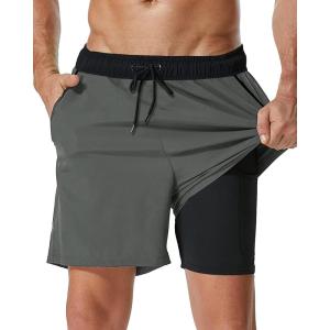 imageSILKWORLD Mens Swim Trunks with Compression Liner 2 in 1 Quick Dry Bathing Suit Beach Shorts with Zipper PocketsDark Gray
