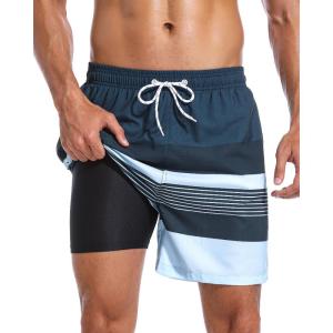 imageSILKWORLD Mens Swim Trunks with Compression Liner 2 in 1 Quick Dry Bathing Suit Beach Shorts with Zipper PocketsDark Greenlight Blue Stripes