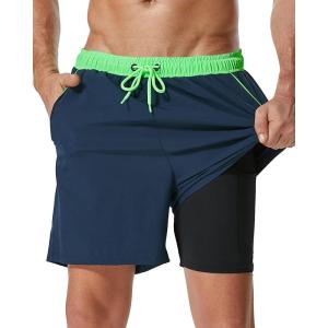 imageSILKWORLD Mens Swim Trunks with Compression Liner 2 in 1 Quick Dry Bathing Suit Beach Shorts with Zipper PocketsDark Navy