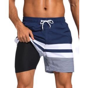 imageSILKWORLD Mens Swim Trunks with Compression Liner 2 in 1 Quick Dry Bathing Suit Beach Shorts with Zipper PocketsDark Navywhite Stripes
