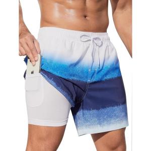 imageSILKWORLD Mens Swim Trunks with Compression Liner 2 in 1 Quick Dry Bathing Suit Beach Shorts with Zipper PocketsGradient White Blue Navy