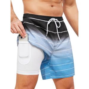 imageSILKWORLD Mens Swim Trunks with Compression Liner 2 in 1 Quick Dry Bathing Suit Beach Shorts with Zipper PocketsGradientblackblue
