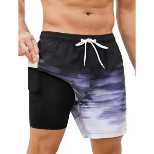 imageSILKWORLD Mens Swim Trunks with Compression Liner 2 in 1 Quick Dry Bathing Suit Beach Shorts with Zipper PocketsGradientblackgray