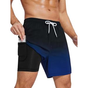imageSILKWORLD Mens Swim Trunks with Compression Liner 2 in 1 Quick Dry Bathing Suit Beach Shorts with Zipper PocketsGradientblacknavy Blue