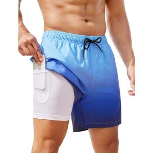 imageSILKWORLD Mens Swim Trunks with Compression Liner 2 in 1 Quick Dry Bathing Suit Beach Shorts with Zipper PocketsGradientblue