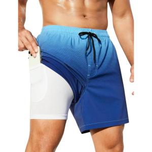imageSILKWORLD Mens Swim Trunks with Compression Liner 2 in 1 Quick Dry Bathing Suit Beach Shorts with Zipper PocketsGradientblue Pinstripe