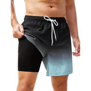 imageSILKWORLD Mens Swim Trunks with Compression Liner 2 in 1 Quick Dry Bathing Suit Beach Shorts with Zipper PocketsGradientnavy Blue