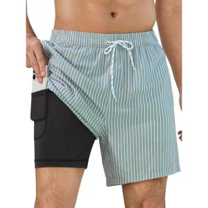 imageSILKWORLD Mens Swim Trunks with Compression Liner 2 in 1 Quick Dry Bathing Suit Beach Shorts with Zipper PocketsGraywhite Vertical Stripe