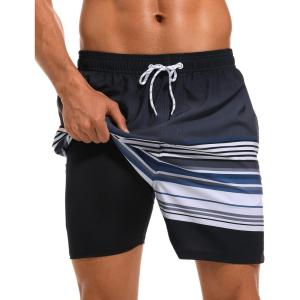 imageSILKWORLD Mens Swim Trunks with Compression Liner 2 in 1 Quick Dry Bathing Suit Beach Shorts with Zipper PocketsGraywhiteblue