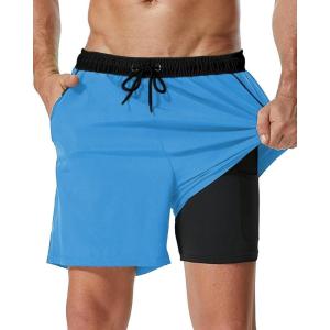 imageSILKWORLD Mens Swim Trunks with Compression Liner 2 in 1 Quick Dry Bathing Suit Beach Shorts with Zipper PocketsLight Blue