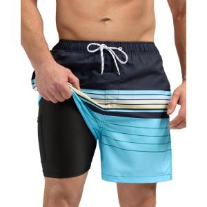 imageSILKWORLD Mens Swim Trunks with Compression Liner 2 in 1 Quick Dry Bathing Suit Beach Shorts with Zipper PocketsNavy  Yellow Stripes