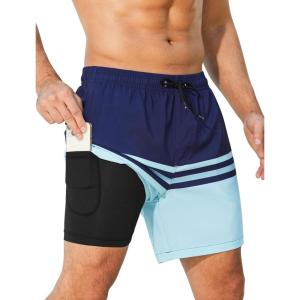 imageSILKWORLD Mens Swim Trunks with Compression Liner 2 in 1 Quick Dry Bathing Suit Beach Shorts with Zipper PocketsNavy Blue Stripe