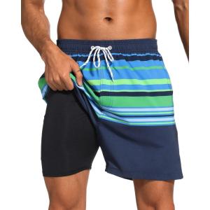 imageSILKWORLD Mens Swim Trunks with Compression Liner 2 in 1 Quick Dry Bathing Suit Beach Shorts with Zipper PocketsNavy Blue Stripes