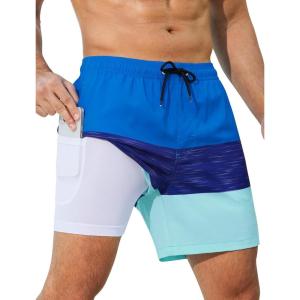 imageSILKWORLD Mens Swim Trunks with Compression Liner 2 in 1 Quick Dry Bathing Suit Beach Shorts with Zipper PocketsNavy Blue Triblend