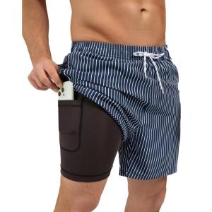 imageSILKWORLD Mens Swim Trunks with Compression Liner 2 in 1 Quick Dry Bathing Suit Beach Shorts with Zipper PocketsNavy Vertical Stripe