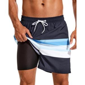 imageSILKWORLD Mens Swim Trunks with Compression Liner 2 in 1 Quick Dry Bathing Suit Beach Shorts with Zipper PocketsNavyazure Stripes