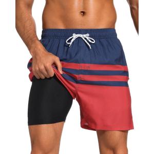 imageSILKWORLD Mens Swim Trunks with Compression Liner 2 in 1 Quick Dry Bathing Suit Beach Shorts with Zipper PocketsNavyred Stripes